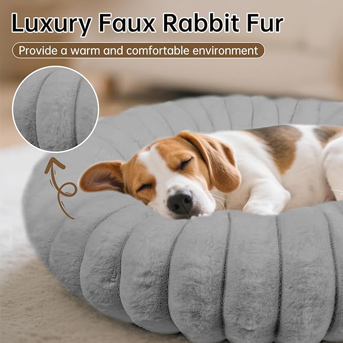 Donut Dog and Cat Bed, Luxurious Comfortable Faux Rabbit Fur Pet Beds, Round Anti-Anxiety Calming Puppy Kitten Bed with Anti-Slip Bottom for Small Medium Dogs & Cats(20", Grey)