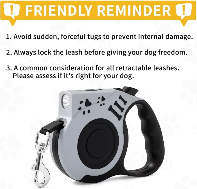 Retractable Dog Leash with USB Rechargeable Flashlight for Night Walks, 16FT Automatic Telescopic Tractor Dog Leash for Small and Medium Dogs, Grey