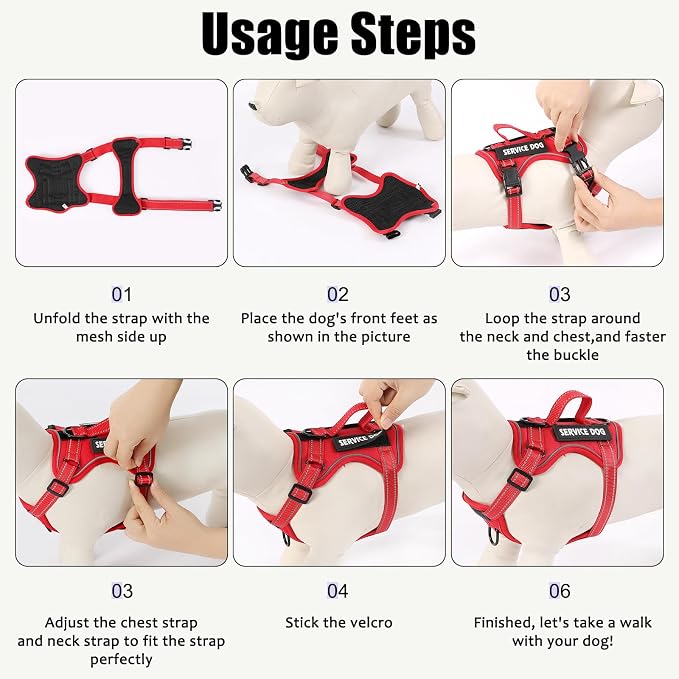 Service Dog Harness, Reflective Dog Vest Harness with 5 PCS Patches, Adjustable Soft Oxford Pet Harness, Inner Layer Mesh, Easy to Control for Dogs (All-RED, X-Small (Pack of 1))