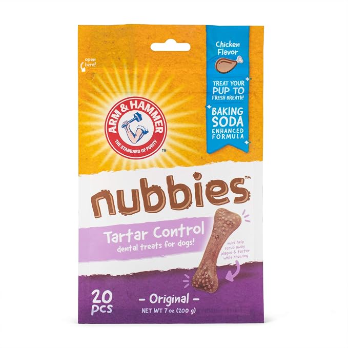 Arm & Hammer for Pets Nubbies Dental Treats Baking Soda Calcium Nubbed Texture Scrubs Plaque Tartar Chicken Flavor Freshens Breath Daily Oral Care 20 Count 7 OZ 24 Pack at Home Consistent Routine