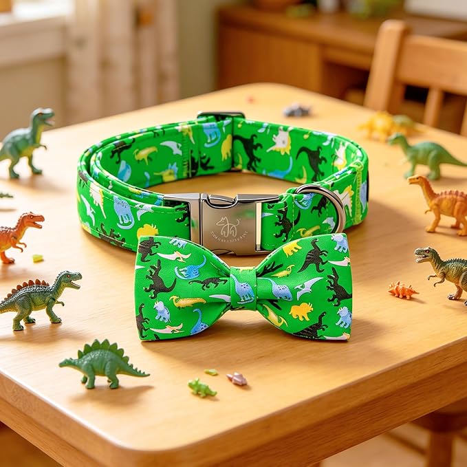 Elegant little tail Boy Dog Collar, Dinosaurs Pet Collars with Bow for Small Dogs, Sturdy Metal Buckle Soft Cotton Bowtie Fabric Summer Adjusatble Dog Collar for Small Dogs