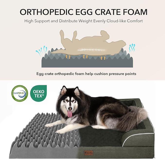 Orthopedic Dog Beds for Extra Large Sized Dogs 48x30 Inch, XL Waterproof Egg Crate Foam Dog Sofa Bed with Removable Washable Cover Big Pet Couch with Bolster & Non-Slip Bottom, Dark Green