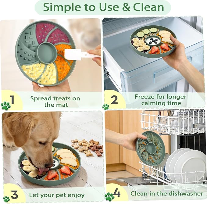Silicone Dog & Cat Slow Feeder Bowl Lick Mat with Strong Suction Cups, Anti-Spill Design, Multi-Textured, Extend Mealtime, Reduce Anxiety, Dishwasher Safe, All Breeds & Ages (Green)
