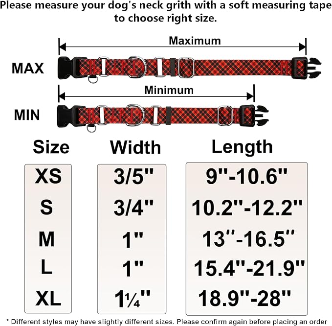 Christmas Martingale Collar for Dogs Plaid Dog Collars for Small Medium Large Dogs with Buckle Adjustable Soft Nylon Dog Collar (Red Plaid, Large)