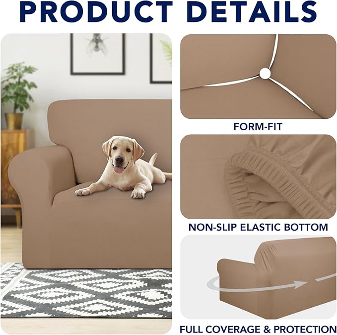 PureFit 100% Dual Waterproof Couch Cover Slipcovers for Couches and Sofas - Stretch Non Slip Fleece Sofa Covers Washable, Leakproof Furniture Protector for Kids, Pets, Dog (Loveseat, Camel)