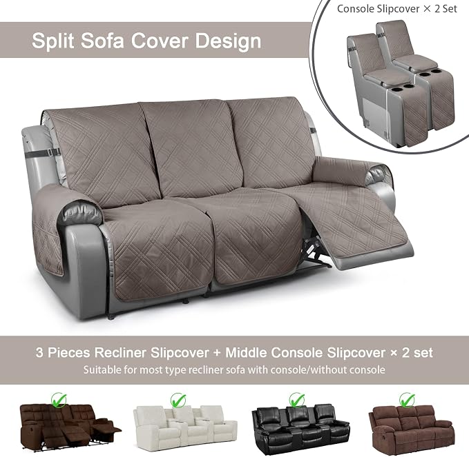 TAOCOCO 100% Waterproof Recliner Couch Covers with Console, Sofa Covers for Reclining Sofa 3 Seat with Straps Design, Split Recliner Sofa Cover Furniture Pets Kids Protector (3 Seater, Light Brown)