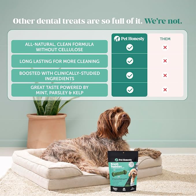 Pet Honesty Brush Buddies All Natural Dog Dental Treats for Dogs – Long Lasting Dental Sticks for Dogs, Teeth Cleaner, Breath Freshener, Plaque & Tartar Remover – Small Dogs (25 Count)