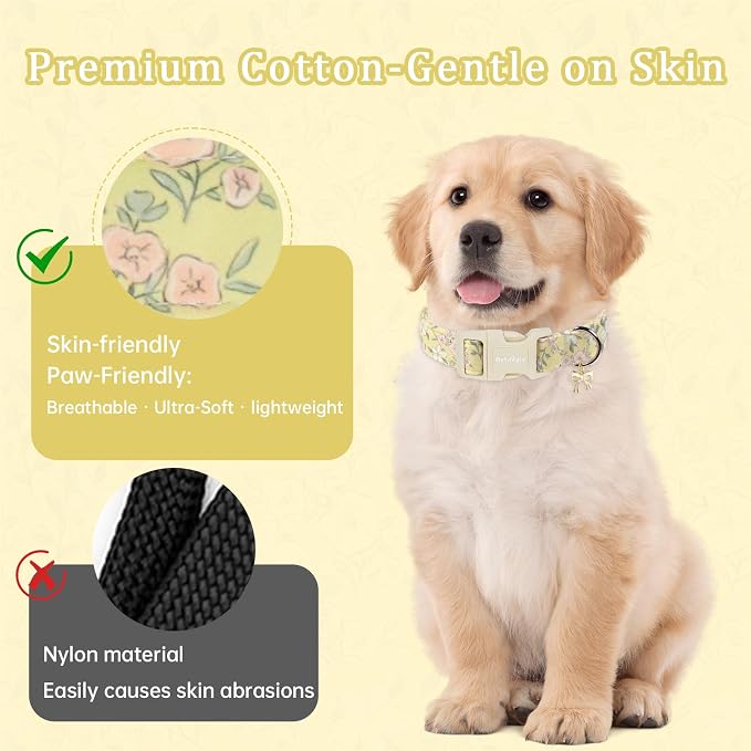 Spring Summer Dog Collar with Pink White Flowers,Adjustable Cotton Puppy Collars for Small Medium Large Dogs, Cute Girl or Boy Dog Collar Ideal for Gifts,Pet Accessory,S