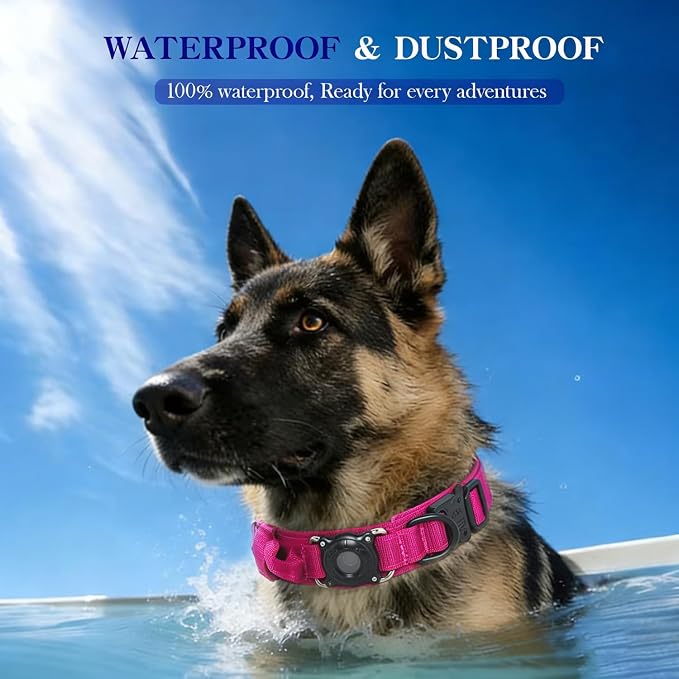 Upgraded AirTag Dog Collar,Waterproof Tactical Dog Collar with AirTag Holder, Control Handle and Metal Buckle,Heavy Duty Dog Collars for Large Dogs (Rose Red，M