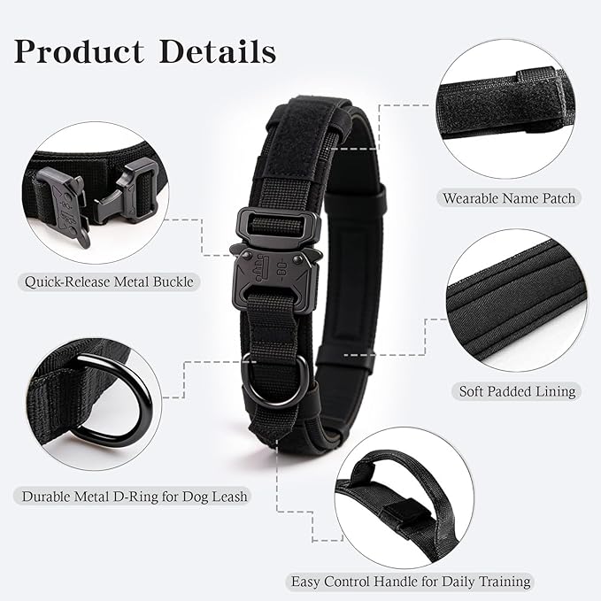 Tactical Dog Collar and Leash Set Adjustable Military Nylon Dog Collar with Control Handle and Heavy Duty Metal Buckle for Large Dogs（Black XXL