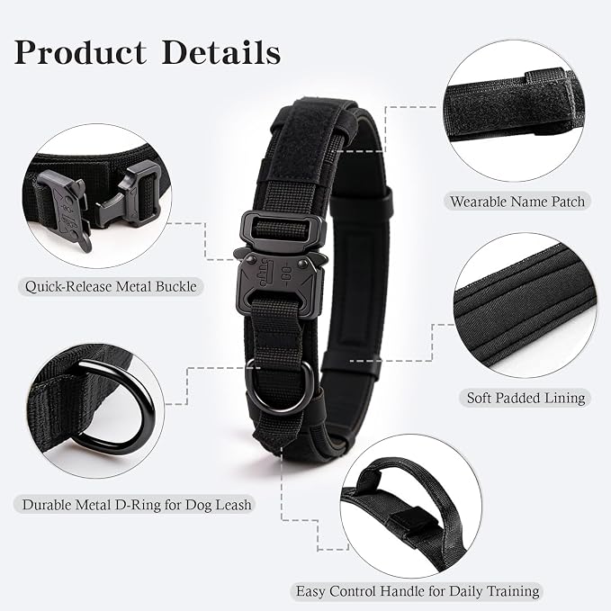 Tactical Dog Collar and Leash Set Adjustable Military Nylon Dog Collar with Control Handle and Heavy Duty Metal Buckle for Large Dogs（Black XL