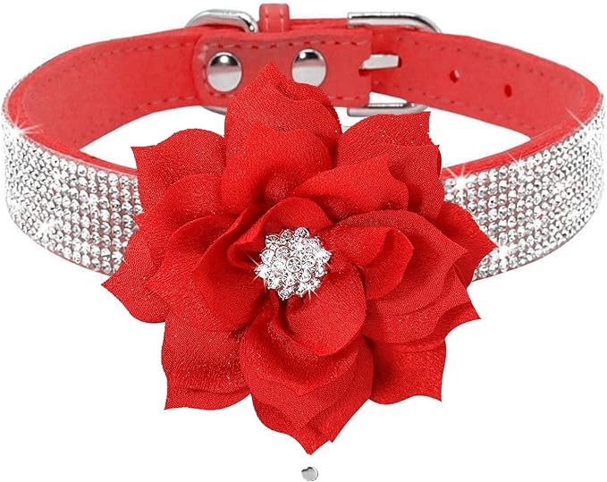 Cute Dazzling Sparkling Soft Suede Leather Dog Rhinestone Collar Crystal Diamond Pet Dog Puppy Collar (Red, L)