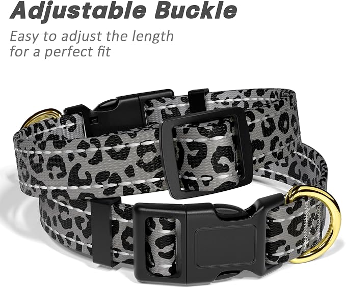 Reflective Dog Collar for Small Dogs Cats, Cute Leopard Style Adjustable Heavy-Duty Nylon Puppy Collar for Boy and Girl Female, Soft Pet Accessories with Quick Release Buckle, Gray