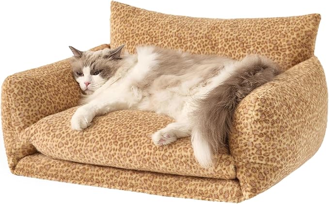 Hollypet Cat Bed Fluffy Plush Multifunctional Double-Layer Machine Washable Soft Warming Kitty Pet Couch Orthopedic Nest Beds for Small Cats Kitten and Dogs up to 13lbs, Yellow Leopard(25x20x13 inch)