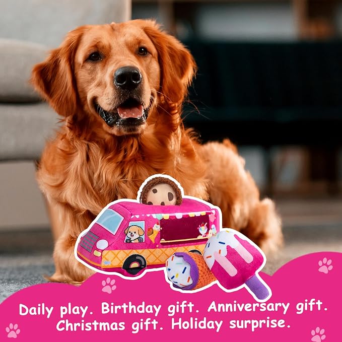 Hollypet Squeaky Dog Toy, Interactive Plush Hide and Seek Dog Toys for Small Medium Sized Dogs and Non-Aggressive Chewers, Puppy Teeth Clean Chew Toys, Ice Cream Truck