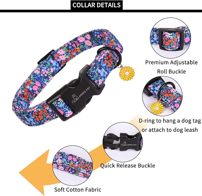 ARING PET Floral Dog Collar, Cute Blue Pink Orange Spring Summer Flower Doggy Pet Collars for Puppy Small Medium Large Girl Female Dogs-L