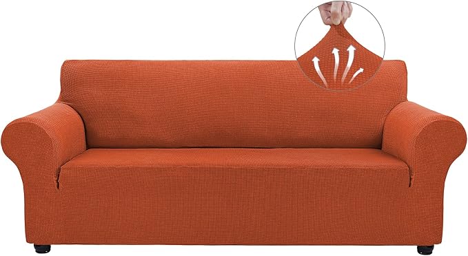 Asnomy Couch Covers for 3 Cushion Couch Stretch Sofa Covers Slipcovers, Pet Protector Furniture Covers for Dogs Cats Spandex Jacquard Fabric Small Checks （Large，Punpkin）