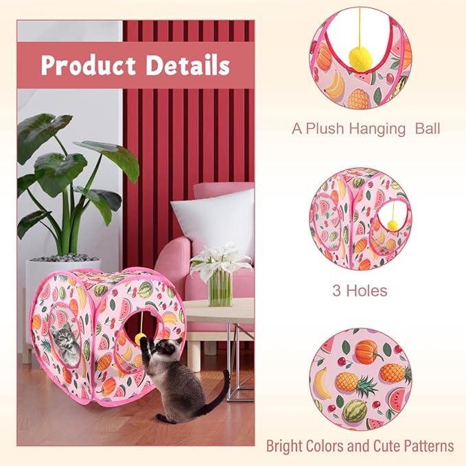 Andiker Small Cat Tents for Indoor Cats, Summer Fruit Patten 15" Foldable Cat Tube with 1 Plush Ball and 3 Holes Kitten Hide-and-Seek Toy to Relieve Boredom Also for Kitten Rabbits (Pink)