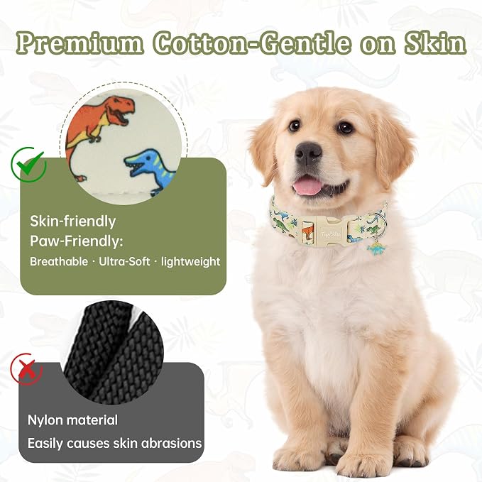 Dinosaur Dog Collar, Cute Boy Dog Collars for Small Medium Large Dogs, Soft Cotton Adjustable Puppy Collar with Dino Pattern, Male Dogs Pet Collar for Gifts & Daily Use-L