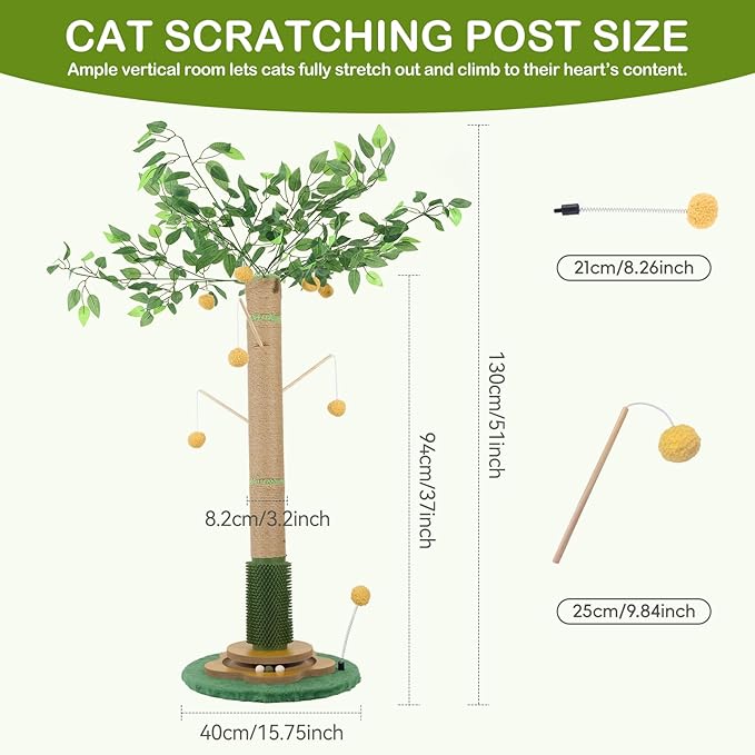 Tall Cat Scratching Post 51 Inch, Cat Scratching Post for Indoor Cats Adults, Sisal Cat Scratcher with Heavy Duty Stable Base & Hanging Toys & Self Grooming Brush for Kittens Medium Large Cats