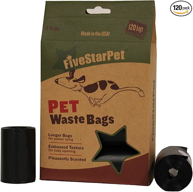 Five Star Pet 9" x 14.25" Made in USA Easy Open Poop Bags Dog Waste Bags, 8 Refill Rolls, 120 Bags