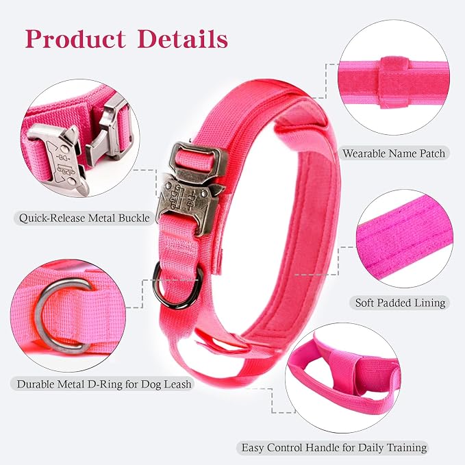 Tactical Dog Collar Adjustable Military Nylon Dog Collar with Control Handle and Heavy Duty Metal Buckle for Medium and Large Dogs (Pink,S)