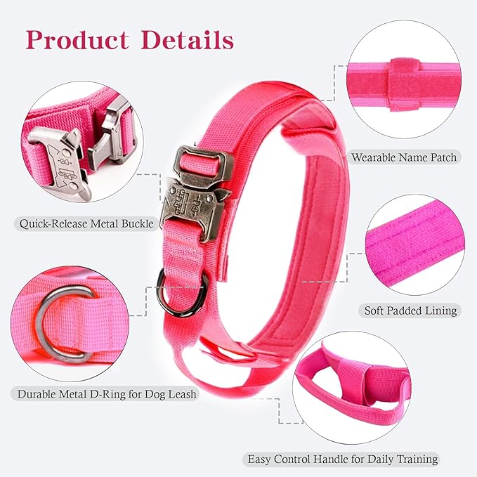 Tactical Dog Collar and Leash Set Adjustable Military Nylon Dog Collar with Control Handle and Heavy Duty Metal Buckle for Large Dogs（Pink M
