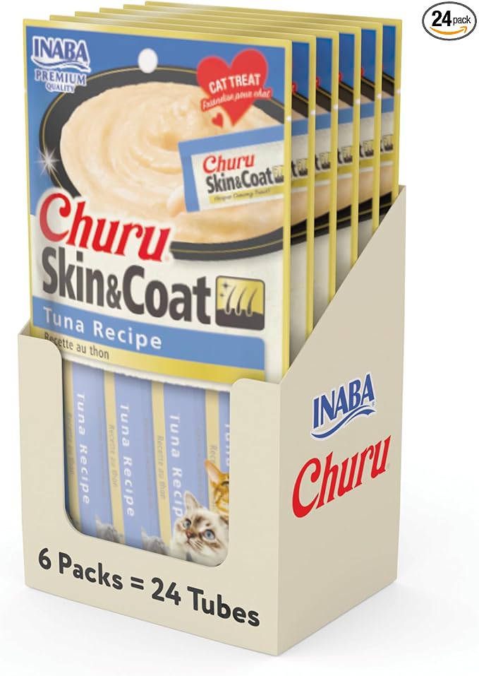 INABA Churu for Skin & Coat, Lickable, Squeezable Cat Treat with Omega Oils, Taurine and Vitamin E, 0.5 Ounces Each Tube, 24 Tubes, Tuna Recipe
