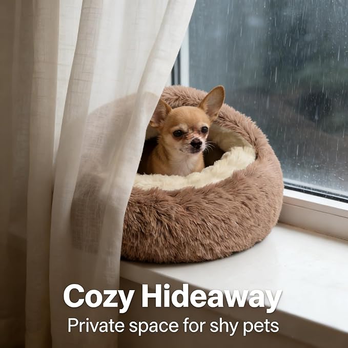 Hooded Donut Dog Bed with Cover, Calming Anti-Anxiety Dog Cave Bed for Small Medium Dogs, Plush Fluffy Burrowing Pet Bed with Waterproof Non-Slip Bottom (Brown,S-20”)