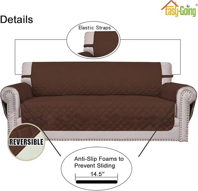 Easy-Going Reversible Couch Cover for 3 Cushion Couch Sofa Cover for Dogs Water Resistant Furniture Protector Cover with Foam Sticks Elastic Straps for Pet Cat (Sofa, Coffee/Ivory)