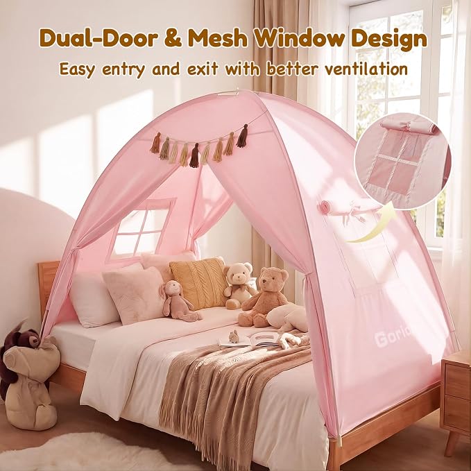 Gorich Twin Bed Tent for Kids, Indoor Privacy Toddler Sleeping Canopy with Mesh Window, Fits Bunk or Floor Bed, Include Star Lights & Tassels, Cozy Playhouse for Boys Girls Birthday