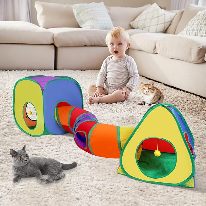 Cat Tunnels for Indoor Cats with Tent Cube and Feather Toy Collapsible Combo, Pop Up Cat Play Tunnel with Interactive Cat Toy Ball for Kitten, Ferret, Puppy, Guinea Pig, Rabbit, Bunny, Multicolour