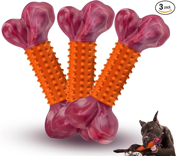 3-Pack Tough Dog Toys for Aggressive Chewers: Peanut Butter Flavored Long Lasting Dog Bones, Heavy Duty Nylon & Rubber Dog Chew Toys to Keep Them Busy, Medium & Large Breed, Orange