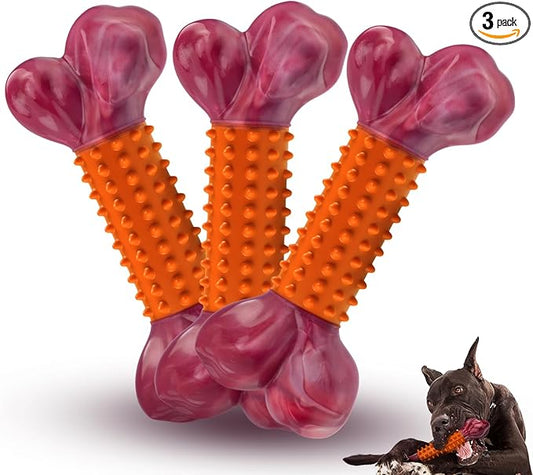 3-Pack Tough Dog Toys for Aggressive Chewers: Peanut Butter Flavored Long Lasting Dog Bones, Heavy Duty Nylon & Rubber Dog Chew Toys to Keep Them Busy, Medium & Large Breed, Orange