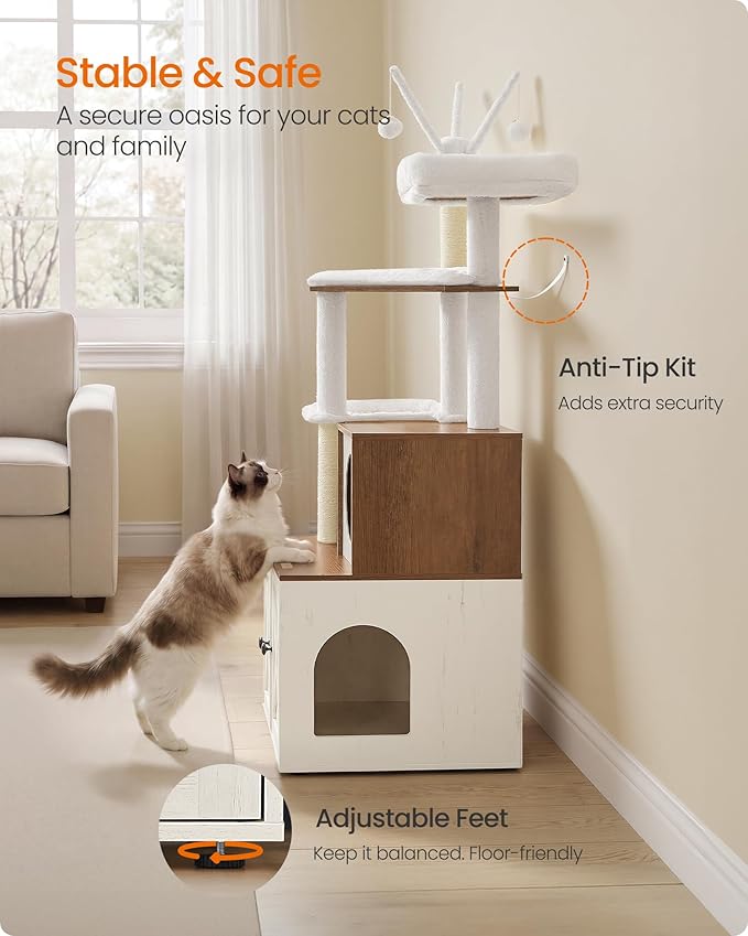 Feandrea Cat Tree with Litter Box Enclosure, 59-Inch Modern Cat Tower, 2-in-1 Condo with Scratching Posts, Washable Removable Cushion, Rustic White and Honey Brown UPCT113W201