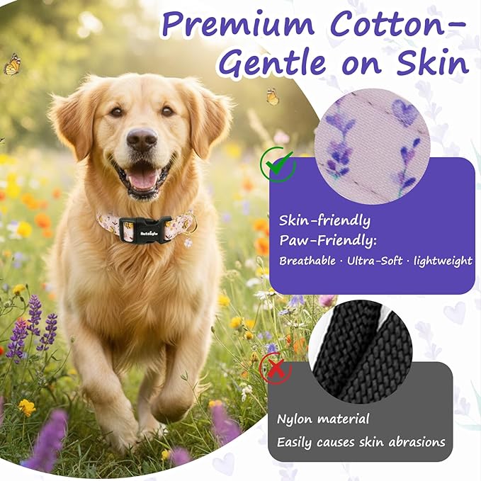 Dog Collar for Small Dogs, Spring Purple Dog Collars with Flowers Pattern, Adjustable Cotton Dog Collars, Cute Girl or Boy Dog Collar Ideal for Gifts,Pet Accessory