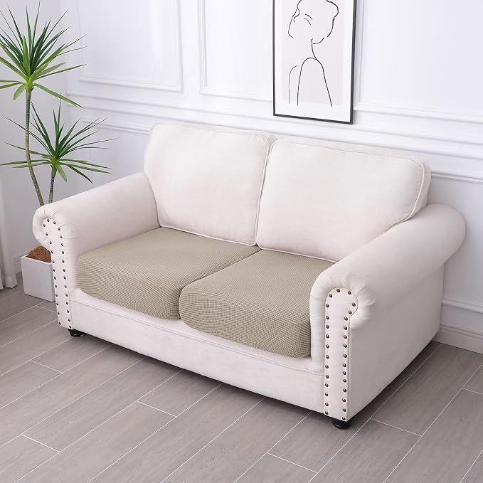 hyha Waterproof Couch Cushion Covers for Pets, Non Slip Sofa Seat Cover for Dogs Washable, Soft Thick Stretch Jacquard Fabric, Sofa Slipcovers with Elastic Bottom (2 Pieces, Taupe)
