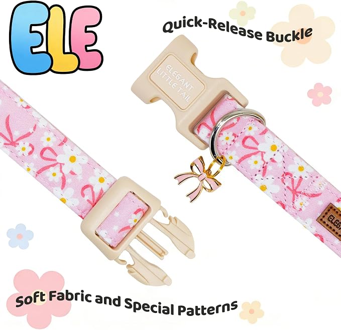 Elegant Little Tail Summer Dog Collar, Pink Sailor Bow Floral Pattern Soft Cotton Pet Collars with Sturdy Quick Release Female Adjustable Pet Collar for Small Medium Large Dogs