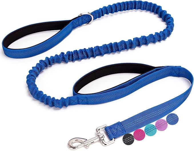 5 FT Bungee Dog Leash with 2 Handles, Reflective Strong Nylon Traffic Leash, Shock Absorbing Lead for Large Medium Dogs Walking Training Controlling, Dark Blue