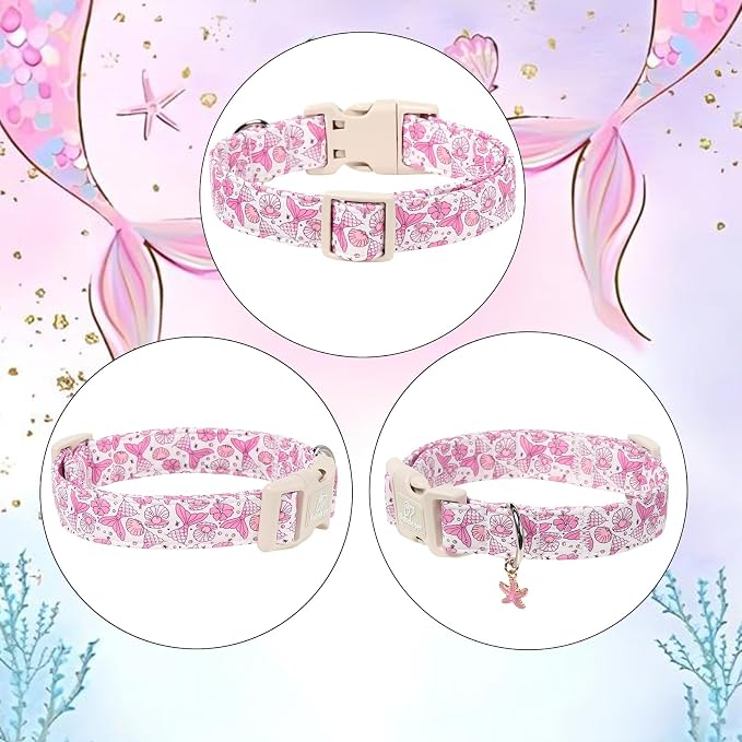 Girl Dog Collar, Summer Pink Mermaid Dog Collars for Large Dogs - Cute Ocean Themed Pup Collar, Soft Adjustable Female Pet Collars with Quick Release Buckle L
