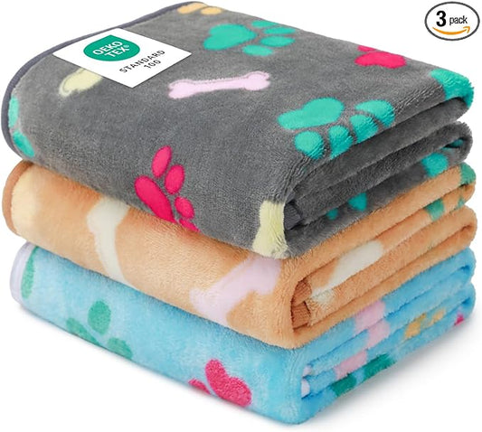 Luciphia 1 Pack 3 Blankets Fluffy Premium Fleece Pet Blanket Flannel Paw Printed Throw for Dog Cat(Large 41x31'', Grey/Brown/Blue)