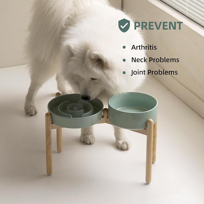 Havniva 9.5” Raised Slow Feeder Dog Bowls Set, 3.2 Cups Ceramic Slow Feeder Dog Bowl and 8.2” Dog Water Bowl with Elevated Wooden Stand Puzzle Dog Food Bowl for Large Dogs Anti-Gulping & Anti-Choking