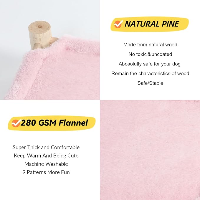 Patas Lague Cat and Dog Hammock Bed for Small Dogs, Brethable Wooden Cat Pet Rabbit Elevated Bed Cots Furniture for All Seasons Fleece Pink