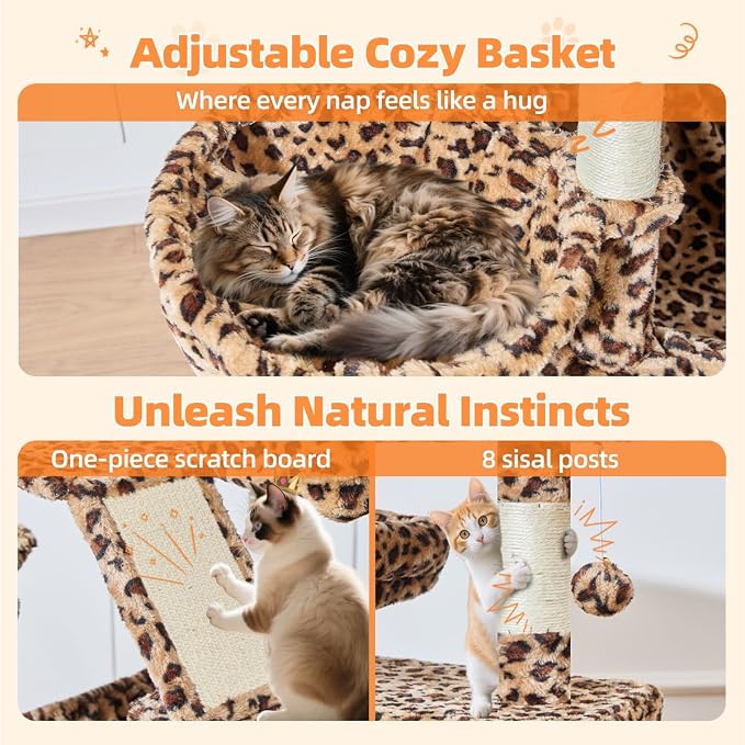 Taoqimiao Cat Tree 71-Inch, Cat Tower for Indoor Cats Large Adult, Multi-Level Large Cat Condo, 8 Sisal Scratching Posts, Metal Frame Cozy Hammock, Scratch Board, 2 Top Perches, Leopard Print MS026LBW
