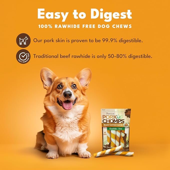 Pork Chomps Baked Pork Skin Dog Chews, 6 Inch Twists, 4 Count - Peanut Butter Wrap - Long-Lasting Treats for Dogs - High Protein, Rawhide-Free, Low Fat, Healthy & Delicious Chews