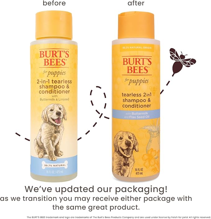 Burt’s Bees for Pets Tear Free Puppy Shampoo & Conditioner with Buttermilk, 2 in 1 Gentle Dog Shampoo for Puppies, Cleans and Conditions Sensitive Skin, 16 Fl Oz - 2 Pack