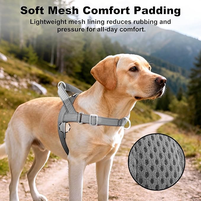 No Pull Dog Harness with Handle, Adjustable Soft Mesh Padded Reflective Walking Harness with Front Clip for Small Medium Large Dogs – Quick Fit No Escape for Training and Hiking (Gray, L)