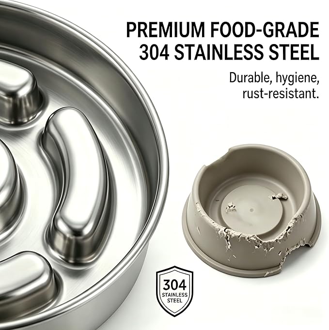 AIPERRO Slow Feeder Dog Bowl Stainless Steel, 2 Cups Metal Non-Slip Dog Food Bowls, Dogs Water Bowl for Small & Medium Sized Dogs, Fun Bloat Stop Pet Bowl for Fast Eaters, Slows Down Pets Eating