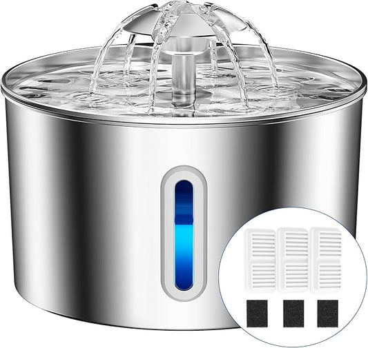 Cat Water Fountain Stainless Steel - 108oz/3.2L Automatic Large Pet Watering Bowl Dispenser for Indoor Cats - Drinking Fountains with 3 Filter for Dogs and Kitty - Outdoor Dog Waterer Bowls No Spill