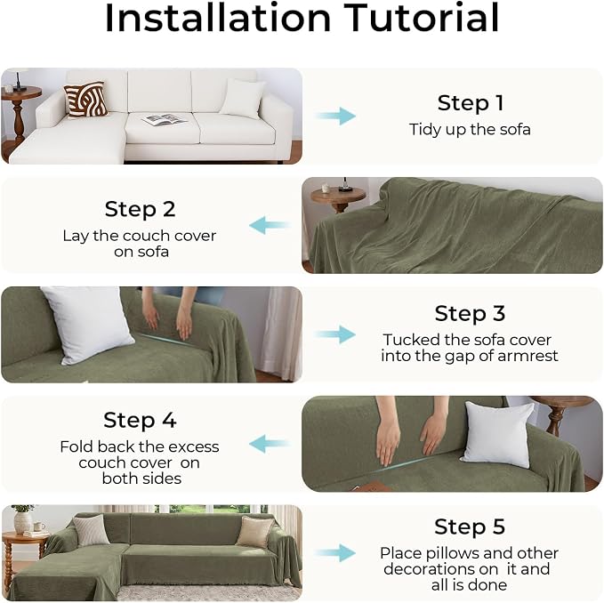 CAPALOCA Sectional Couch Covers, 2 Pieces Chenille Sofa Cover L Shaped Couch Cover Blanket for Dogs Washable Sofa Slipcovers Pet Furniture Protector (X-Large: 71" x 110" + 71" x 118", Sage Green)